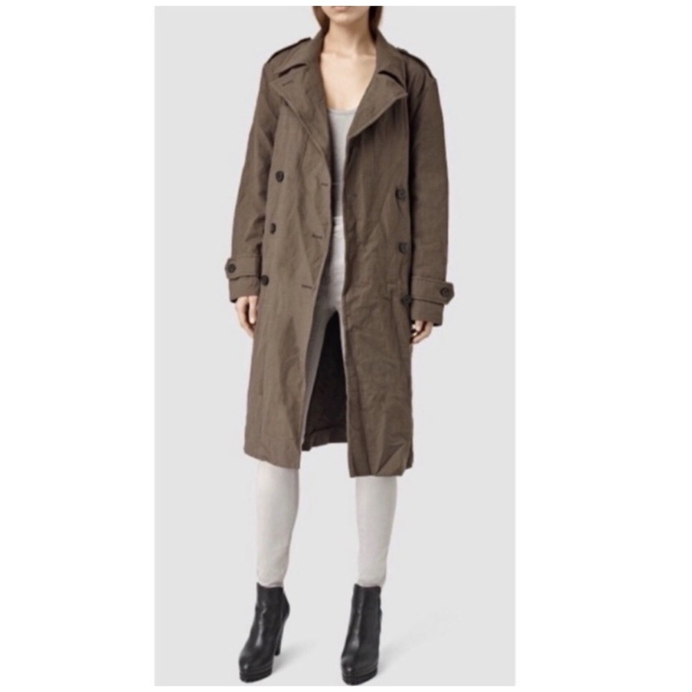 All Saints Everly Mac Double Breasted Cotton Trench Coat Khaki Green US 4 Small